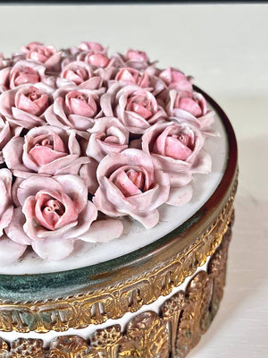 Antique German Elfinware Porcelain Roses Trinket Box w/ Brass Accents, c.1960’s
