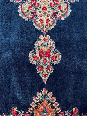 Large Persian Kashan Rug Hand-Knotted Rust Floral Medallion on Deep Indigo Field, c.1930s
