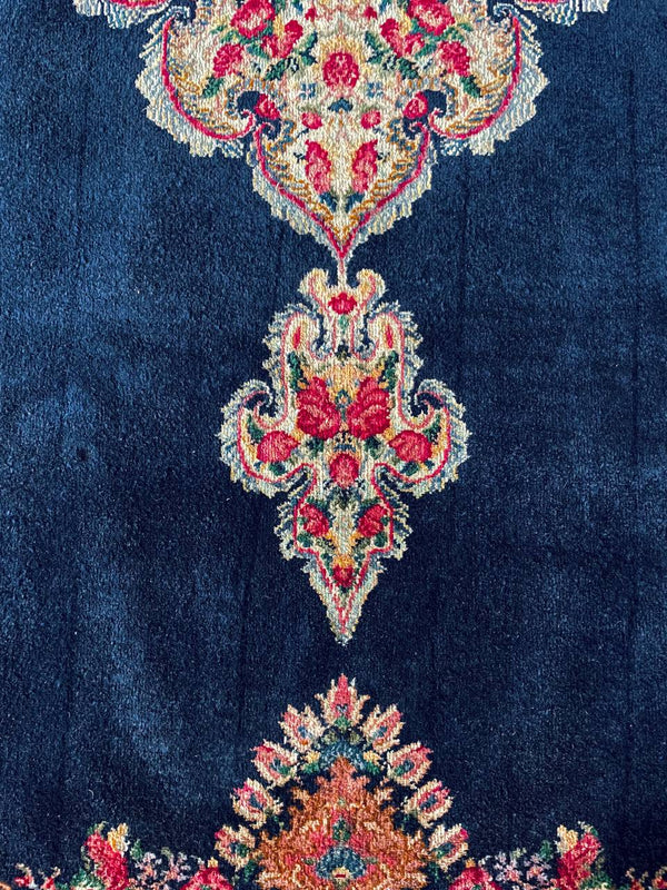 Large Persian Kashan Rug Hand-Knotted Rust Floral Medallion on Deep Indigo Field, c.1930s
