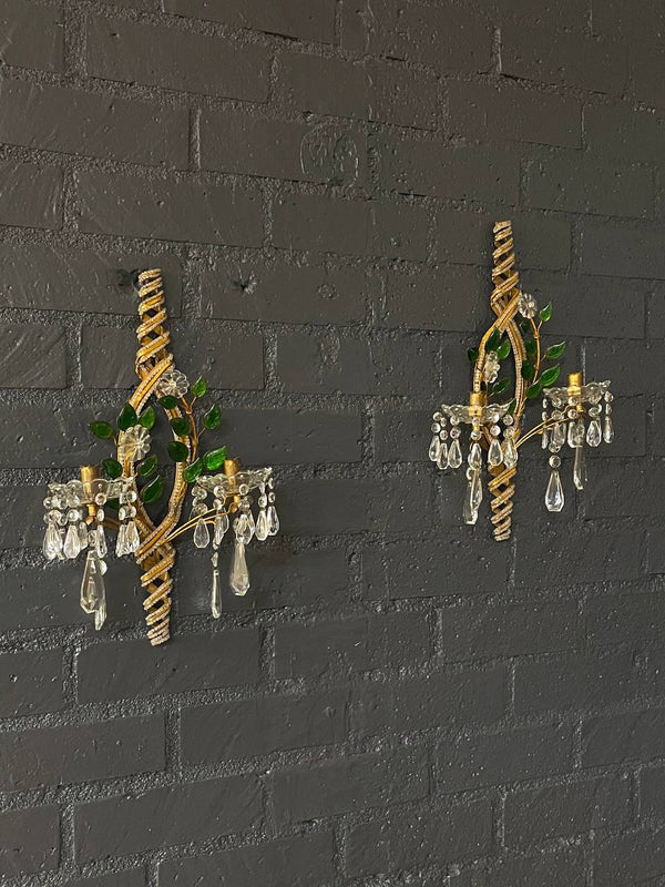 Pair of Italian Crystal Beaded Sconces with Floral Decorations, c.1940’s