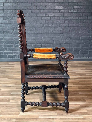 English Baroque Oak & Tooled Leather Armchair w/ Barley Twist Legs, c.1910’s