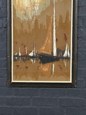 Jacques Henri Guyot French Mid-Century Modern Harbor Scene Oil Painting w/ Sailboats, c.1960’s