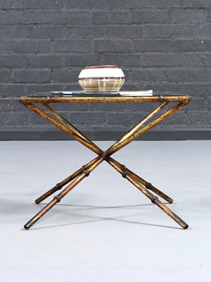 Vintage French Hollywood Regency Faux Bamboo Gilt Iron & Glass Side Table, c.1960’s