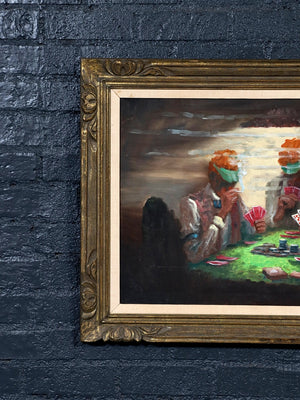 Vintage Signed Latin American Poker Scene Oil Painting by Rodolfo Tarallo, c.1980's