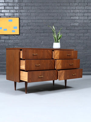 Mid-Century Modern 6-Drawer Walnut Dresser w/ Brass Pulls, c.1960’s