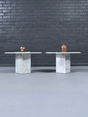 Pair of Postmodern Carrara Marble Pedestal Side Tables, c.1980’s