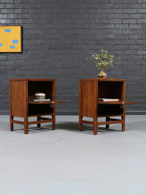 Pair of Mid Century Modern Walnut Night Stands w/ Drop Down Bookcase, c.1960’s