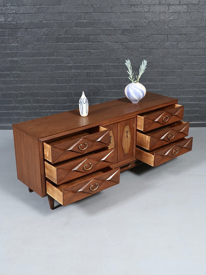 Mid-Century Modern Sculpted Dresser w/ Cane & Brass Accents, c.1960’s