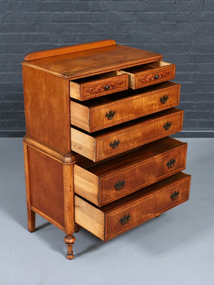 American Colonial Revival Tiger Maple Highboy Dresser by Marvel Furniture Co, c.1980’s