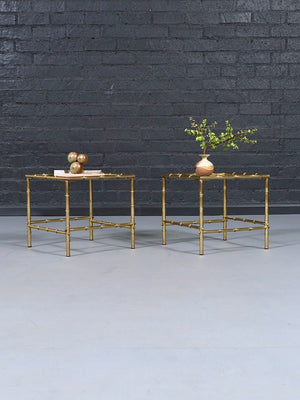 Pair of Hollywood Regency Faux Brass Bamboo & Glass Side Tables, c.1960’s