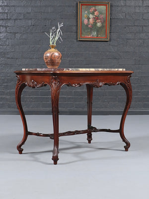 French Louis XV Style Mahogany & Breccia  Viola Marble Console Table, c.1920's