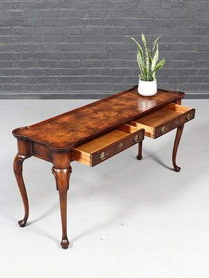 Vintage English Queen Anne Revival Burl Walnut Console Table, c.1950’s