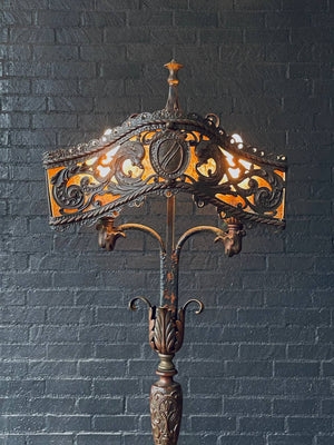 Early 20th Century Spanish Revival Floor Lamp w/ Amber Mica Panels & Cast Iron Details