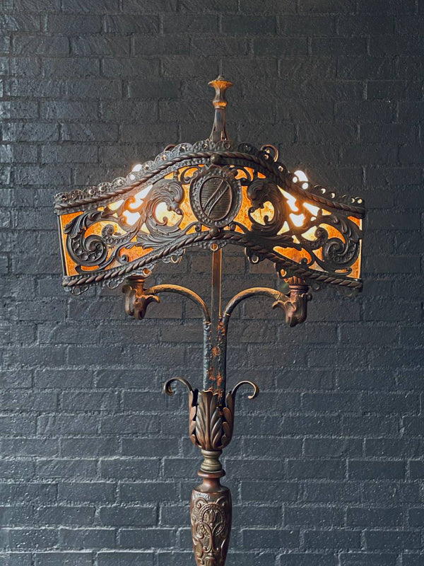 Early 20th Century Spanish Revival Floor Lamp w/ Amber Mica Panels & Cast Iron Details
