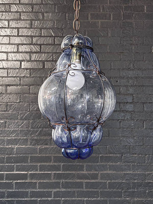 Pair of Vintage Blue Bubble Glass & Iron Pendant Lantern Lights, c.1960’s
