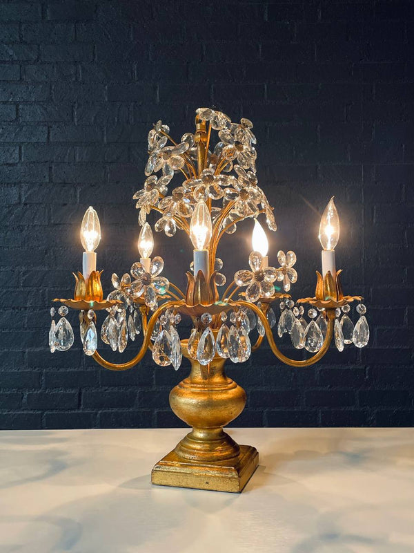 Italian Gilt Tole Floral Crystal Candelabra Table Lamp, c.1950’s