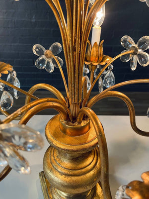 Italian Gilt Tole Floral Crystal Candelabra Table Lamp, c.1950’s
