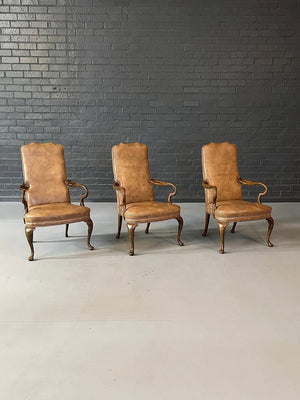 Set of 3 Queen Anne Leather & Wood Armchairs, c.1960's