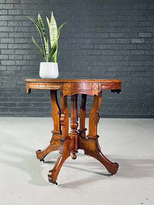 Victorian Eastlake Walnut & Burl Wood Round Center Table w/ Porcelain Casters c.1900's