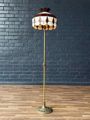 Tiffany Style Art Nouveau Style Floor Lamp w/ Slag Amber & Cream Glass Shade, c.1940’s