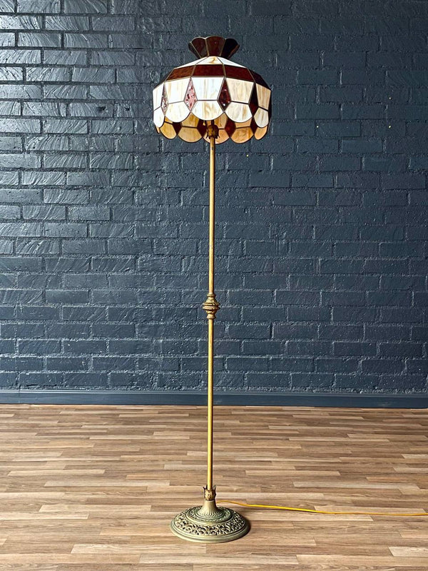 Tiffany Style Art Nouveau Style Floor Lamp w/ Slag Amber & Cream Glass Shade, c.1940’s