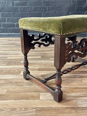Spanish Revival Carved Wood & Velvet Stool w/ Nailhead Trim, 1940’s