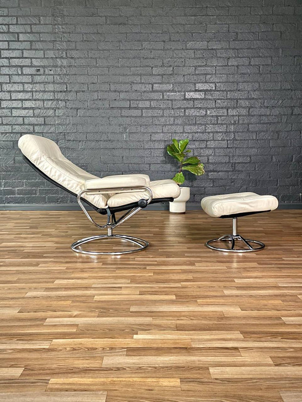 Ekornes Stressless Beige Leather & Chrome Reclining Swivel Lounge Chair w/ Ottoman, c.1970’s