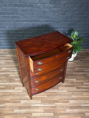 Vintage Federal Revival Mahogany Highboy Dresser w/ Brass Pulls, c.1950s