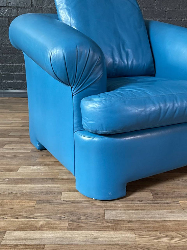 Vintage Post Modern Blue Leather Lounge Chair w/ Ottoman, c.1980’s