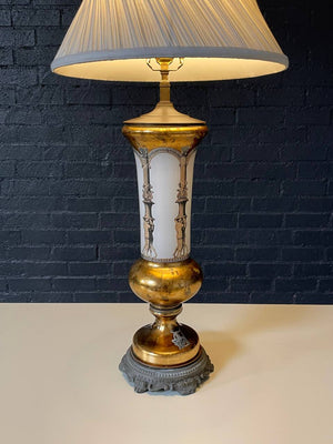 French Neoclassical Style Reverse Painted Glass w/ Classical Male Figural Motifs Table Lamp, c.1930’s
