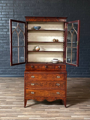 English Georgian Sheraton Style Flame Mahogany Secretary Bookcase, c.1900’s