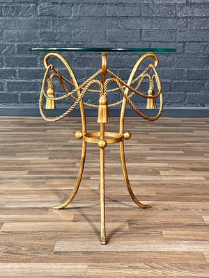 Italian Hollywood Regency Gilt Metal Rope & Tassel Side Table w/ Glass Top, c.1960’s