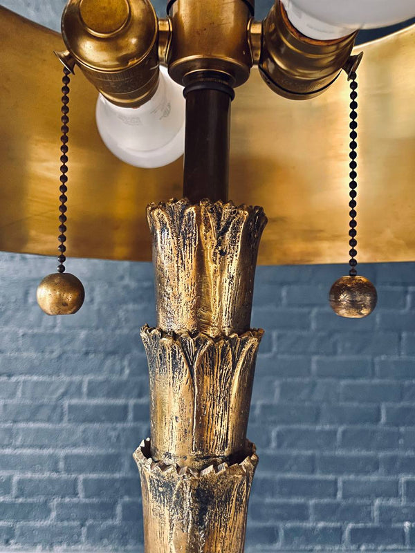Hollywood Regency Brass “As You Like It” Stacked Leaf Table Lamp w/ Black Metal Shade, c.1970’s