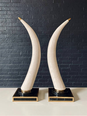 Pair of Post Modern Faux Tusks on Tessellated Marble & Brass Bases by Marquis Collection of Beverly Hills, c.1980s
