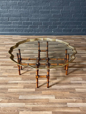 Mid-Century Brass Scalloped Glass Coffee Table w/ Faux Bamboo Base by Baker, c.1970’s
