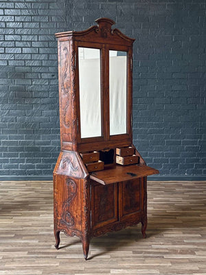 Antique French Provincial Louis XV Style Carved Secretary Cabinet w/ Mirrored Doors, c.1890’s