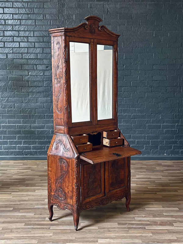 Antique French Provincial Louis XV Style Carved Secretary Cabinet w/ Mirrored Doors, c.1890’s