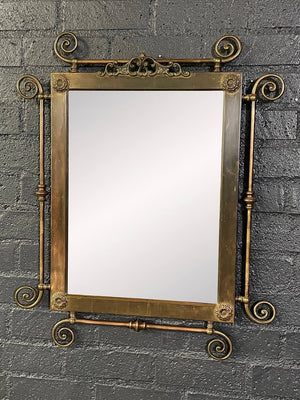 Antique Victorian Revival Brass Wall Mirror with Floral Rosettes & Scrollwork, c.1950's