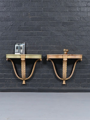 Pair of Neoclassical Revival Carved Wood Demilune Wall Consoles by Zangerle & Peterson, c.1940’s