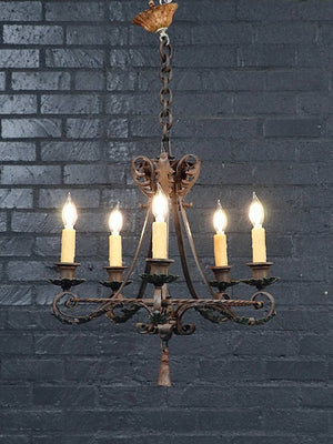 Spanish Colonial Revival Five-Light Wrought Iron Chandelier, c.1940's