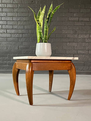 Italian Mid Century Modern White Veined Marble & Wood Side Table , c.1960's