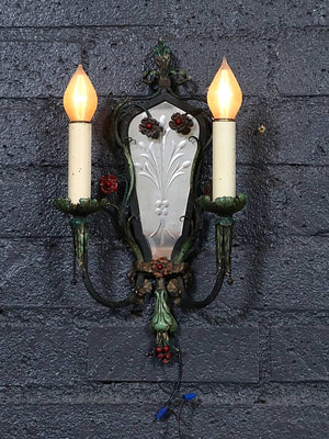 Pair of Italian Florentine Painted Metal & Etched Mirror Wall Sconces, c.1920's
