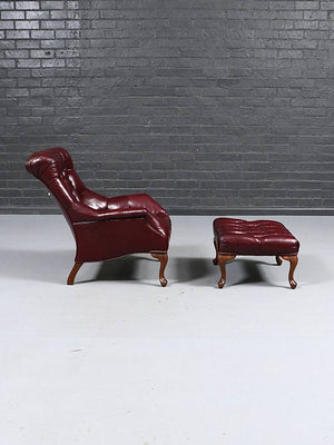 English Edwardian Chesterfield Style Leather Chair & Ottoman, c.1960's