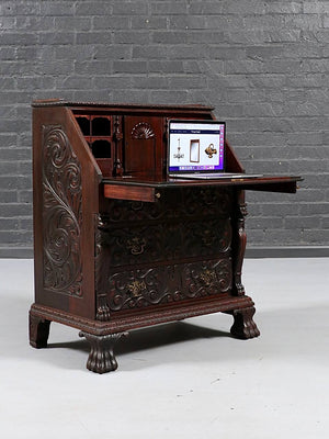 English Renaissance Revival Carved Oak Green Man Secretary Desk, c.1900's