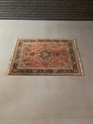 Vintage Persian-Style Floral Medallion Area Rug with Navy Border