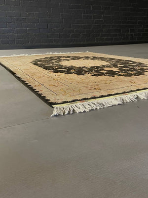 Persian-Style Black & Ivory Floral Medallion Rug with Inscription