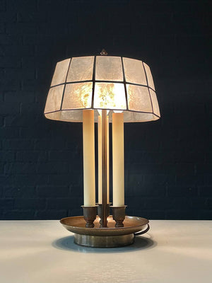 American Hollywood Regency Brass Three-Light Candelabra Table Lamp with Capiz Shell Shade, c.1970's
