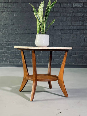 American Mid-Century Modern Wood & Marble Round Side Table, c.1960's