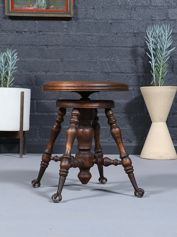 American Victorian Adjustable Piano Stool w/ Ball & Claw Glass Feet, c.1930’s