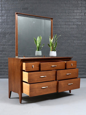 Mid Century Modern Walnut Profile Dresser with Mirror by John Van Koert for Drexel, c.1950's